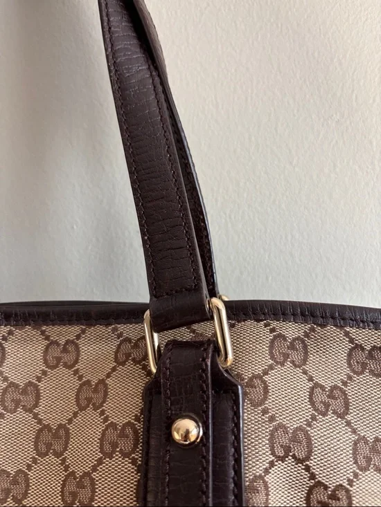 Gucci Beige GG Canvas Tote with Green and Red Web Stripe and Dark Brown Trim - Picture 3 of 12